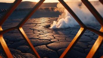 Bubbling Mud Volcano Landscape with Cracked Earth and Rising Steam photo