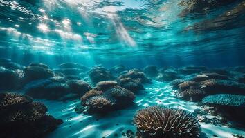 Underwater Sunlight Shines on Coral Reef with Sandy Seabed Landscape photo