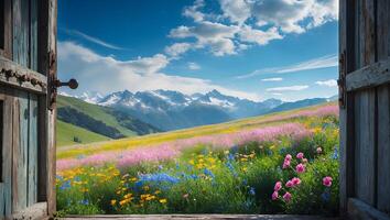Opening Door to Vibrant Flower Meadow with Distant Mountain View photo
