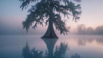 Lone Tree Standing in Calm Water During a Foggy Sunrise photo