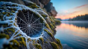 Icy Spiderweb on Rock by Lake at Sunrise with Fog photo