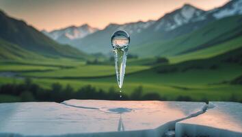 Melting Ice Formation Reflects Mountainous Green Valley at Sunset photo