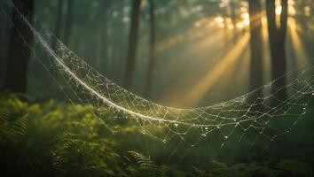 Dew Covered Spiderweb in Forest with Sunlight Streaming Through Trees photo
