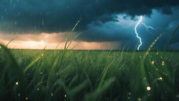 Green Grass Field Under Stormy Sky with Lightning Strike and Rain photo