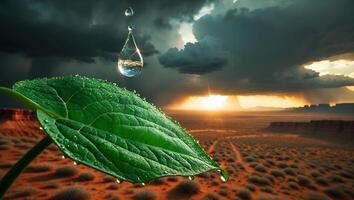 Green Leaf with Water Drop in Desert Landscape at Sunset photo