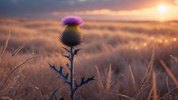 Thistle Flower Blooming in Golden Field at Sunset with Warm Light photo