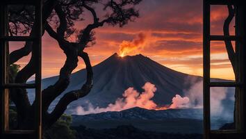 Volcano Eruption Seen Through Window at Sunset with Scenic Landscape photo