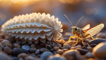 Grasshopper on Pebble Beach with Unusual Pod Close Up View photo