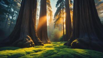 Giant Trees in Forest with Sunlight Shining Through Green Moss photo