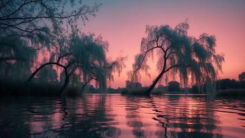 Willow Trees Reflected in Calm Lake at Sunset with Pink Sky photo