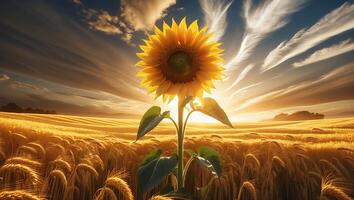 Sunflower Standing Tall in a Golden Wheat Field at Sunset photo