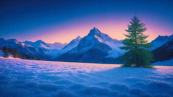 Snowy Mountain Landscape with Evergreen Tree at Twilight in Winter photo