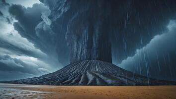 Stormy Landscape with Dark Rock Formation and Heavy Rainfall on Beach photo