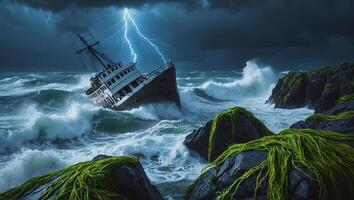 Shipwreck During Storm with Lightning on Rocky Coast with Vegetation photo
