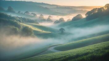 Fog Rolling Over Green Hills at Sunrise with Winding Road photo