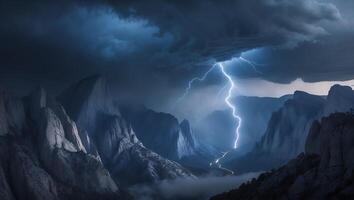 Lightning Storm Over Mountain Valley with Dark Clouds and Dramatic Light photo
