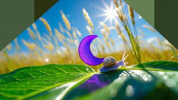 Snail Climbing on Leaf with Purple Moon Under Bright Sunlight photo
