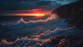 Ocean Waves Crashing on Rocky Shoreline During Dramatic Sunset photo