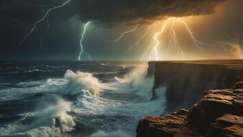 Dramatic Cliffside View with Lightning Storm Over the Ocean Waves photo
