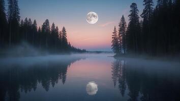 Reflecting Moon Over Misty Lake Surrounded by Evergreen Trees at Dusk photo