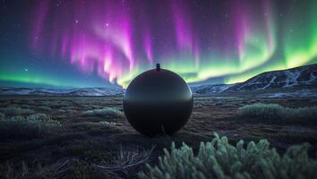 Dark Sphere Under Aurora Borealis Glows in Scenic Landscape photo