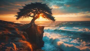 Tree on Cliff Overlooking Ocean at Sunset with Waves Crashing photo
