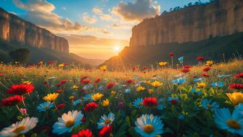 Colorful Wildflower Meadow at Sunset with Mountain Cliff Backdrop Scenery photo