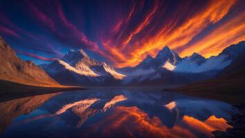 Mountains Reflecting in Lake Under Dramatic Sunset Sky Landscape photo