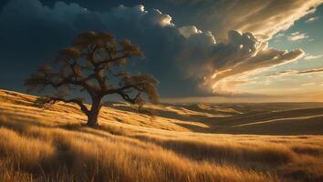 Lone Tree Standing in Golden Field Under Dramatic Sky at Sunset photo