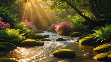 A stream in the forest with pink flowers photo