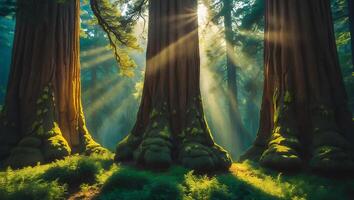 Giant Trees Forest Sunlight Streaming Through Woods Landscape Scene photo
