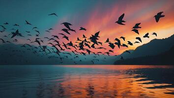 Birds Flying Over Lake at Dramatic Sunset Reflecting on Water photo
