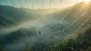 Spiderweb Weaving in Morning Mist with Dew Drops and Spider photo