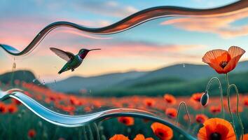 Hummingbird Flying in Poppy Field at Dusk Framed by Glass photo