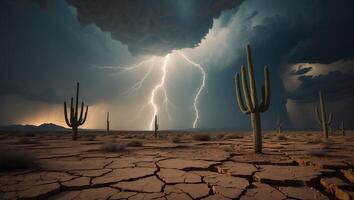 Lightning Storm in Desert with Cactus and Cracked Earth Landscape photo