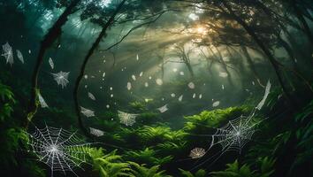 Spiderwebs in a Forest with Ferns and Sunbeams Creating Mystique photo