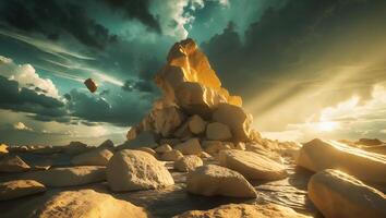 Rocky Desert Landscape with Dramatic Sky and Sunlight Streaming Through photo