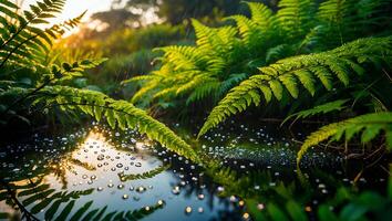 Fern Fronds Reflecting in Water with Water Droplets and Sunlight photo