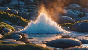 Water Fountain Eruption in Rocky Pond with Golden Light Reflections photo
