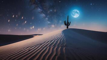 Cactus Stands Tall in Desert Landscape Under Moon and Stars photo
