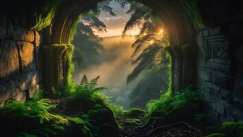Exploring Forest View Through Ancient Stone Archway During Sunset photo