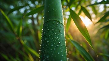 Bamboo Stalk with Water Droplets Glistens in the Early Morning Sunlight photo