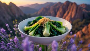 Serving Bok Choy Topped with Sesame Seeds in Lavender Field photo