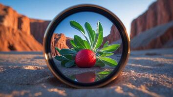 Red Berry with Green Leaves in Desert Through a Circular Lens photo