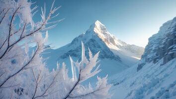 Snowy Mountain Peak with Ice Covered Branches Under a Clear Sky photo