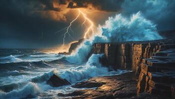 Ocean Waves Crashing on Rocky Cliffs During a Dramatic Lightning Storm photo