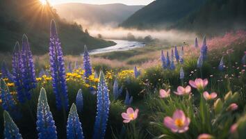 Blooming Wildflower Meadow with River at Sunrise in Foggy Valley photo