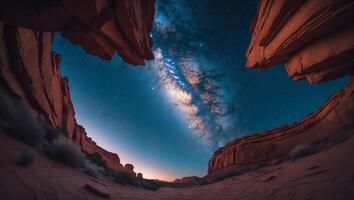 Viewing Milky Way Galaxy Through Natural Rock Arch Landscape at Night photo