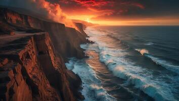 Dramatic Sunset Over Ocean Cliffside with Crashing Waves and Vibrant Colors photo