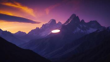 Mountain Peaks Silhouette at Colorful Sunset with Vibrant Sky Glow photo